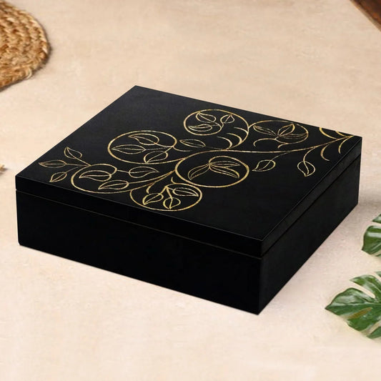 Hand‑Carved Black Floral MDF Jewelry & Accessory Box – Decorative Keepsake Storage for Home & Vanity - Furniza