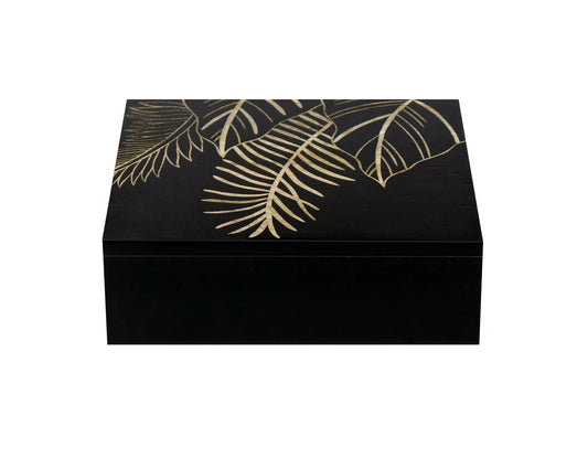 Black Hand-Carved Leaf Design MDF Storage Box – Decorative Wooden Organizer for Jewelry, Trinkets & Home Décor - Furniza