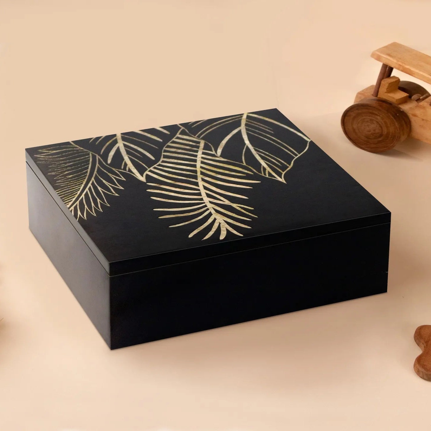 Black Hand-Carved Leaf Design MDF Storage Box – Decorative Wooden Organizer for Jewelry, Trinkets & Home Décor - Furniza