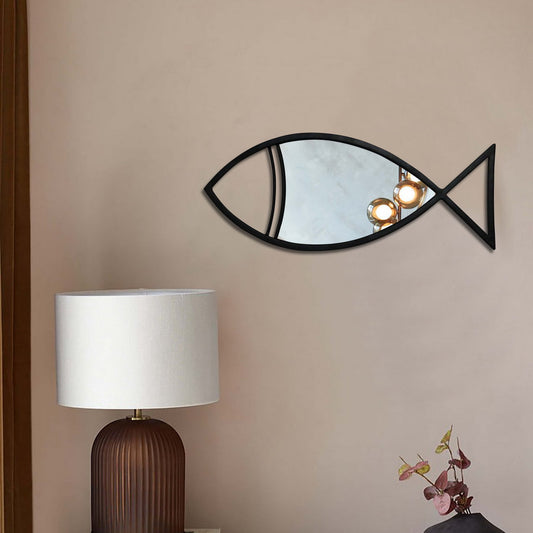 Decorative Wall Mirror with Fish Shape Big Iron Frame, Black Finish – Nautical Coastal Style Accent Mirror for Living Room, Bedroom, Bathroom - Furniza