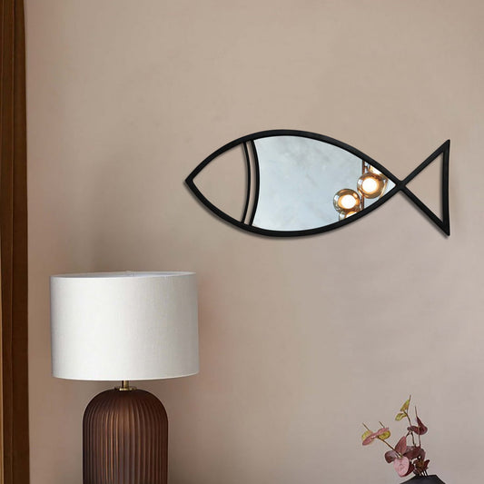Decorative Wall Mirror with Fish Shape Small Iron Frame, Black Finish – Nautical Coastal Style Accent Mirror for Living Room, Bedroom, Bathroom - Furniza