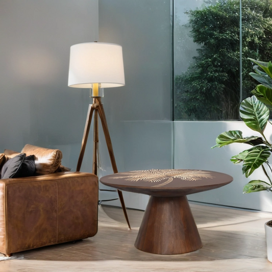 Hand-Carved Palm Tree Coffee Table in Rich Walnut Finish – Solid Mango Wood