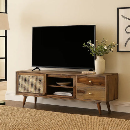 Sheesham Wood TV Unit with Cane & Glass Sliding Doors