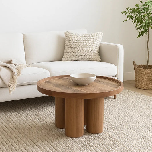 Round Recycled Wood Coffee Table with Lathe-Turned Legs – Eco-Friendly Design