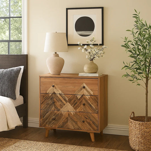 Acacia Wood Chest of Drawers with Handcrafted Mountain Pattern