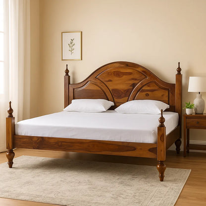 Traditional Sheesham Wood King Size Bed with Curved Headboard & Honey Finish – Heritage Style Elegance