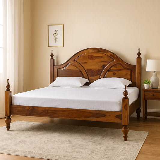 Traditional Sheesham Wood King Size Bed with Curved Headboard & Honey Finish – Heritage Style Elegance