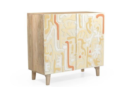 Hand-Carved & Hand-Painted 2-Door Wooden Cabinet – Artistic Boho Storage