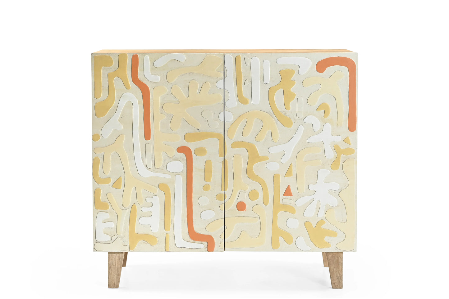 Hand-Carved & Hand-Painted 2-Door Wooden Cabinet – Artistic Boho Storage - Furniza