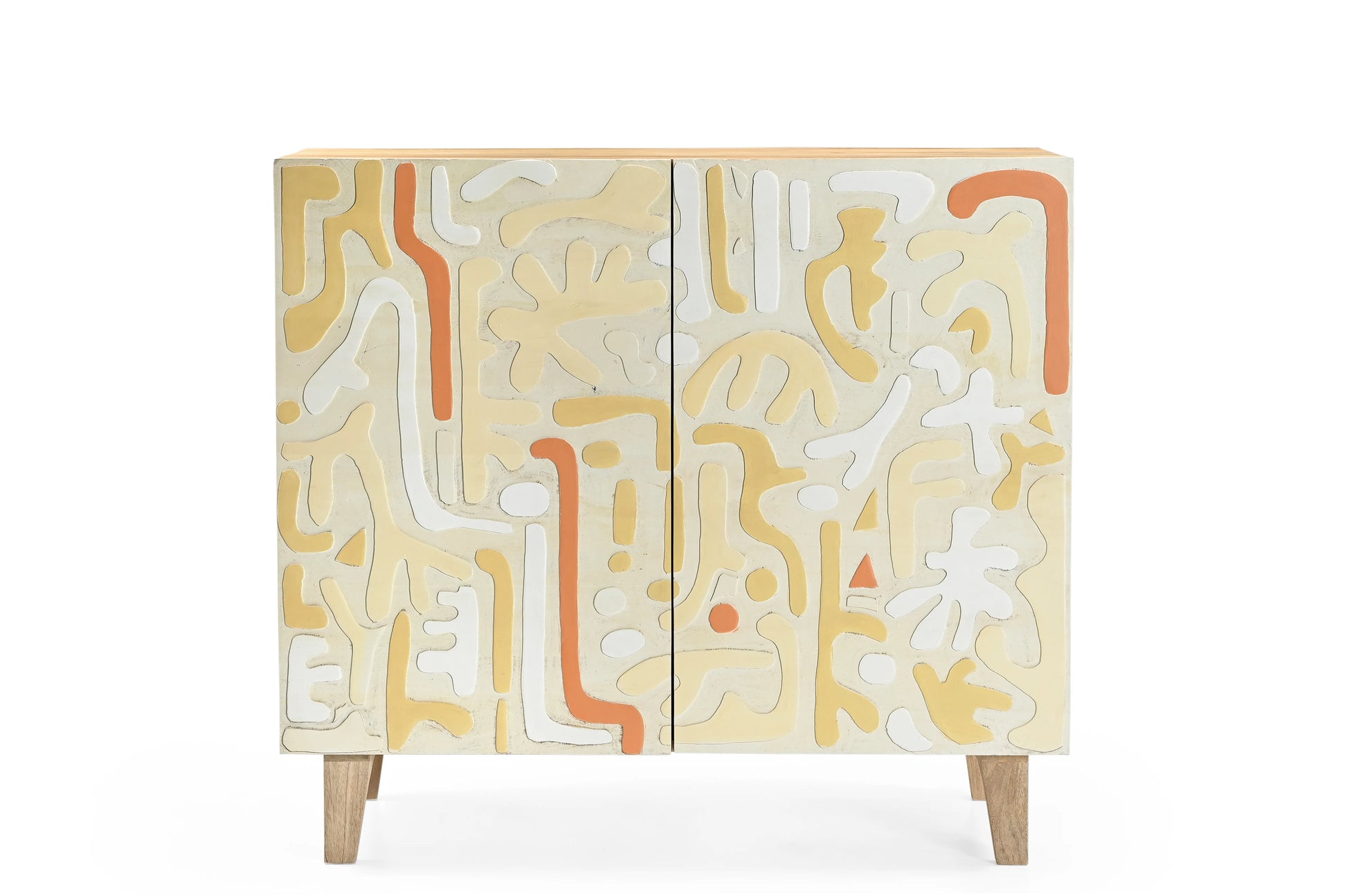 Hand-Carved & Hand-Painted 2-Door Wooden Cabinet – Artistic Boho Storage - Furniza