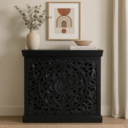 Charcoal Black Hand-Carved 2-Door Cabinet – Premium Wooden Storage