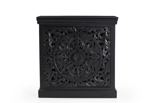 Charcoal Black Hand-Carved 2-Door Cabinet – Premium Wooden Storage