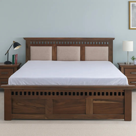 Solid Sheesham Wood King Size Bed with Honey Finish & Upholstered Headboard – Contemporary Classic Design