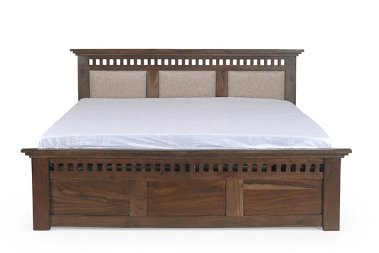 Solid Sheesham Wood King Size Bed with Honey Finish & Upholstered Headboard – Contemporary Classic Design
