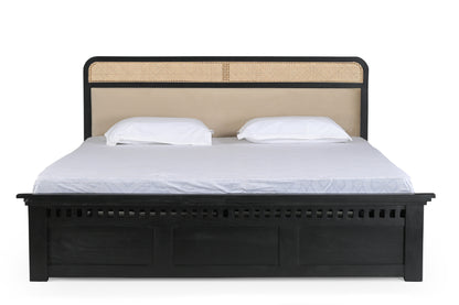 Modern King Size Bed in Black Finish with Rattan Cane & Upholstered Headboard – Sheesham Wood Frame