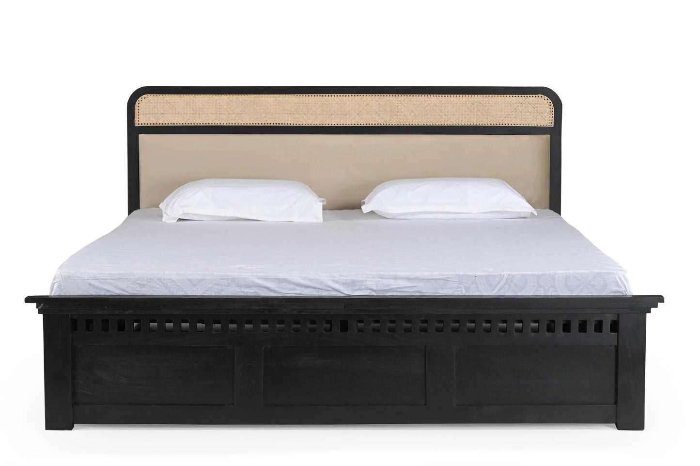 Modern King Size Bed in Black Finish with Rattan Cane & Upholstered Headboard – Sheesham Wood Frame FURNIZA