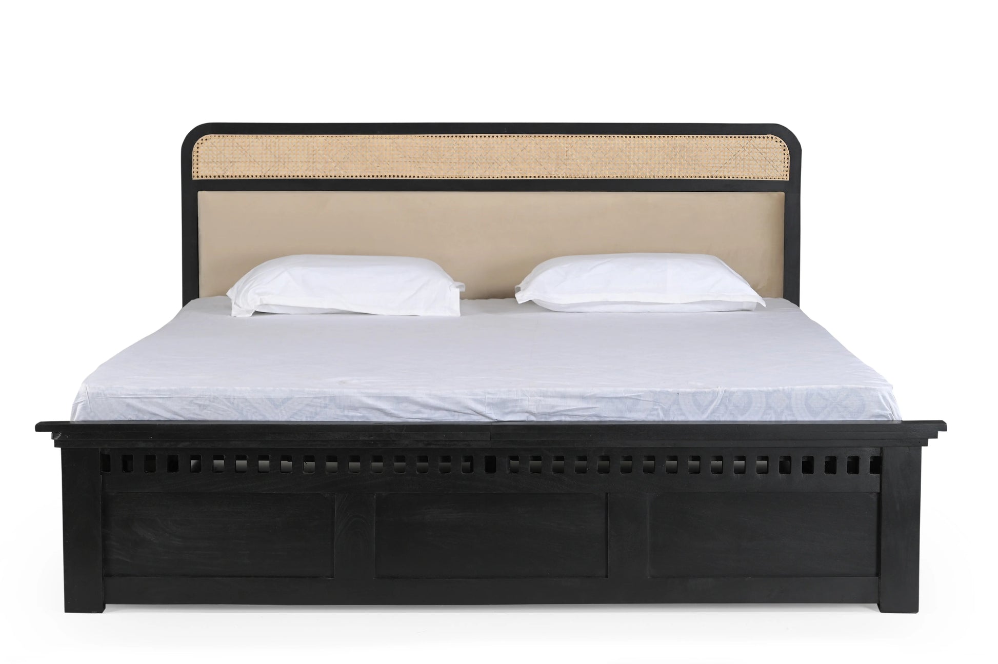 Modern King Size Bed in Black Finish with Rattan Cane & Upholstered Headboard – Sheesham Wood Frame FURNIZA