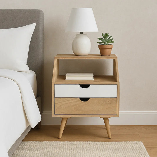 Mid-Century Natural Wood Bedside Table with White Drawer – 2 Drawer Nightstand