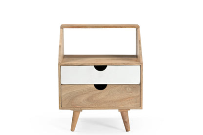 Mid-Century Natural Wood Bedside Table with White Drawer – 2 Drawer Nightstand