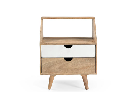 Mid-Century Natural Wood Bedside Table with White Drawer – 2 Drawer Nightstand