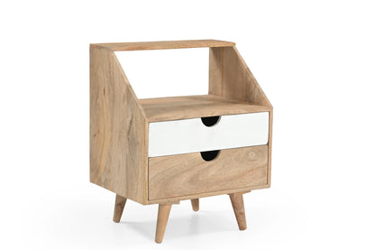 Mid-Century Natural Wood Bedside Table with White Drawer – 2 Drawer Nightstand