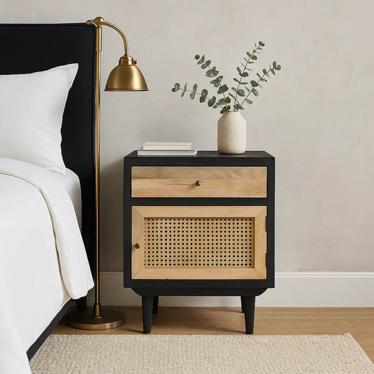 Black Rattan Bedside Table – 1 Drawer 1 Door Nightstand