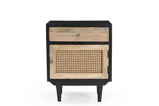 Black Rattan Bedside Table – 1 Drawer 1 Door Nightstand
