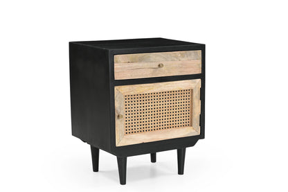 Black Rattan Bedside Table – 1 Drawer 1 Door Nightstand