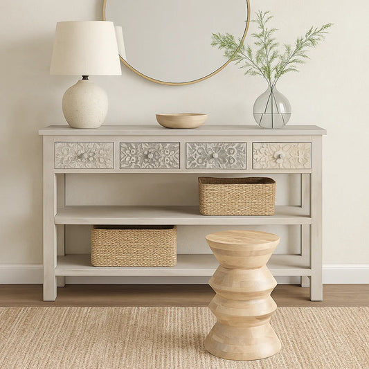 Handcrafted Whitewash 4-Drawer Wooden Console Table – Elegant Carved Design