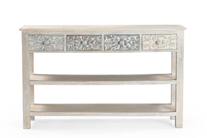 Handcrafted Whitewash 4-Drawer Wooden Console Table – Elegant Carved Design