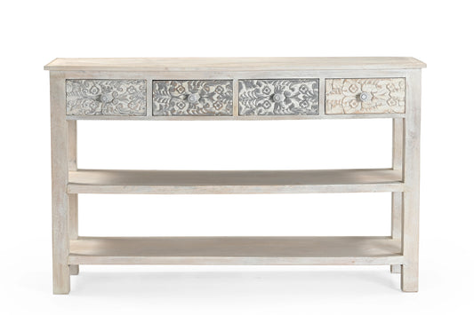Handcrafted Whitewash 4-Drawer Wooden Console Table – Elegant Carved Design