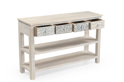 Handcrafted Whitewash 4-Drawer Wooden Console Table – Elegant Carved Design