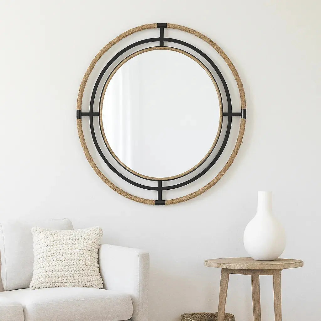 Round Iron Mirror with Jute Detailing – Wall Mirror - Furniza
