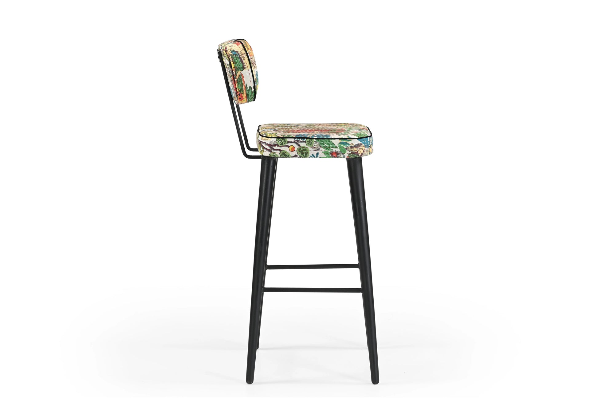 Handcrafted Bar Chair with Printed Cotton Fabric & Black Metal Base FURNIZA