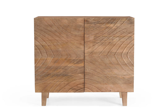 Solid Mango Wood 2 Door Cabinet with Carved Pattern & Natural Finish FURNIZA