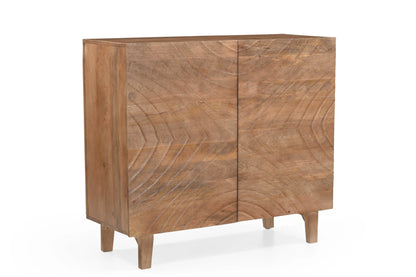 Solid Mango Wood 2 Door Cabinet with Carved Pattern & Natural Finish FURNIZA