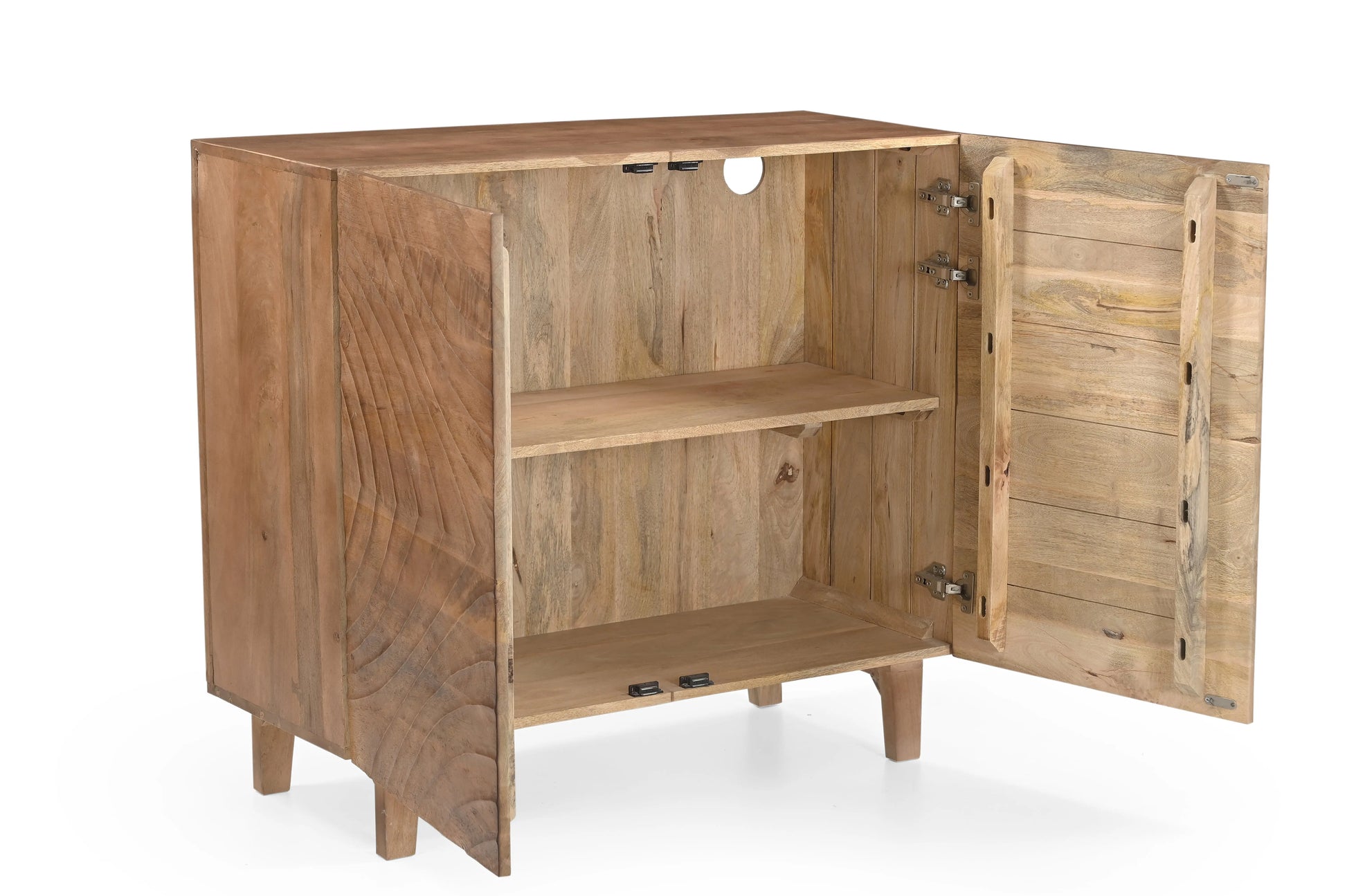 Solid Mango Wood 2 Door Cabinet with Carved Pattern & Natural Finish FURNIZA