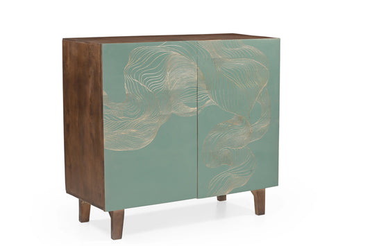 Solid Mango Wood 2 Door Cabinet with Golden Line Art FURNIZA