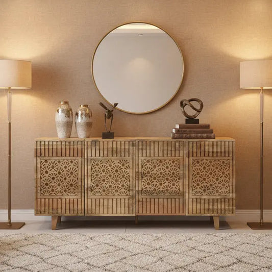 Hand-Carved Solid Mango Wood 4 Door Sideboard Cabinet FURNIZA