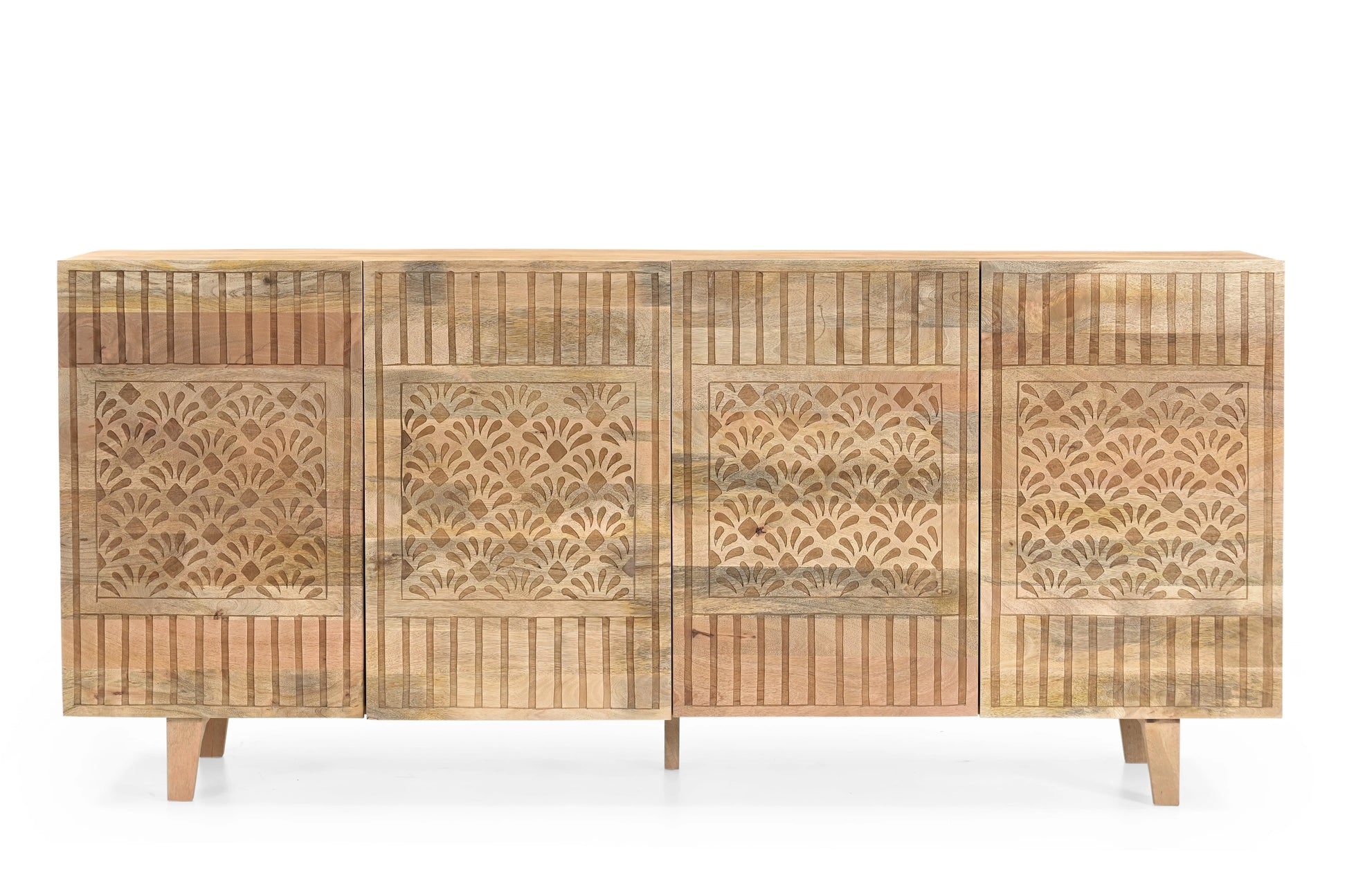 Hand-Carved Solid Mango Wood 4 Door Sideboard Cabinet FURNIZA