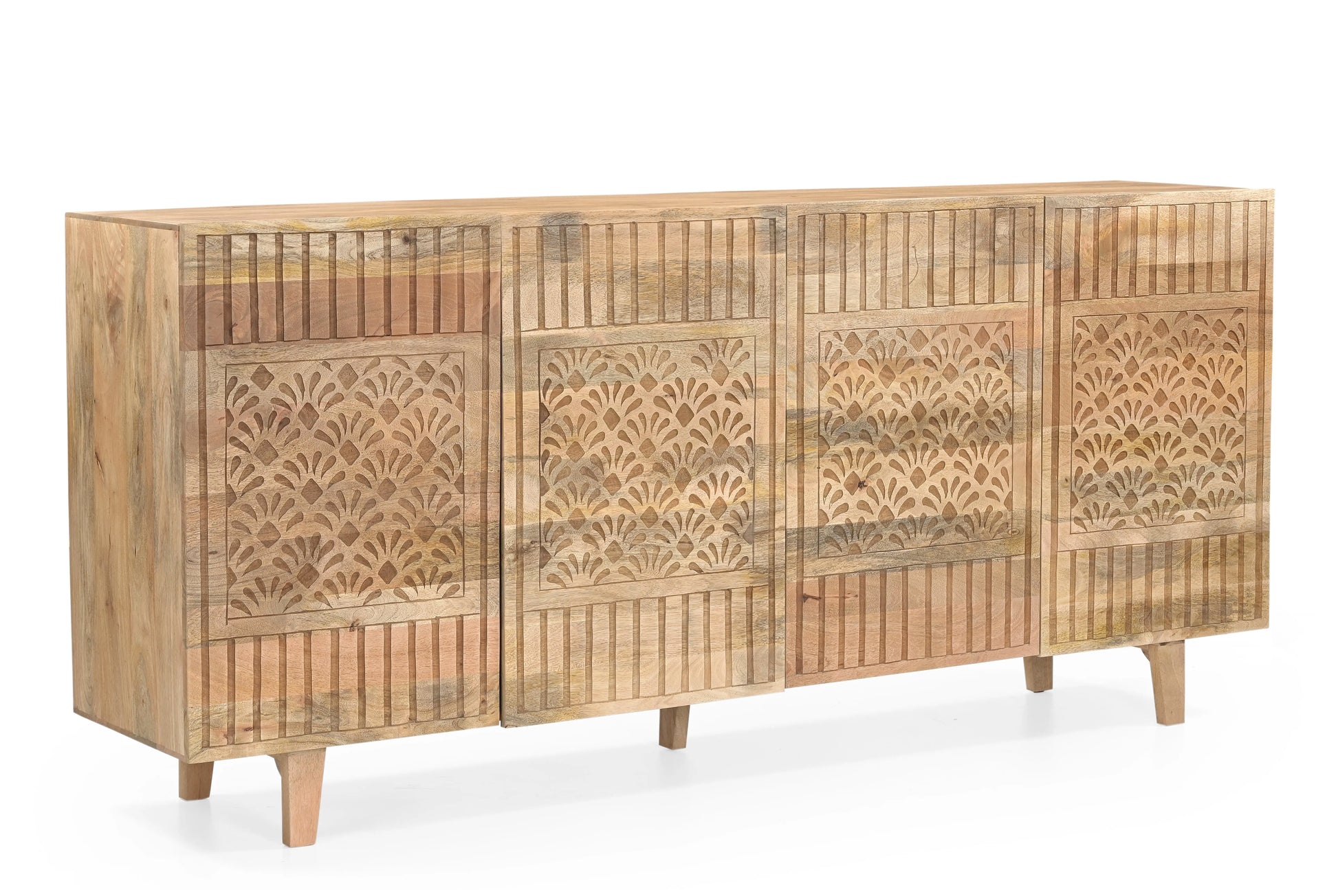 Hand-Carved Solid Mango Wood 4 Door Sideboard Cabinet FURNIZA