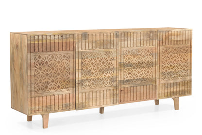 Hand-Carved Solid Mango Wood 4 Door Sideboard Cabinet FURNIZA