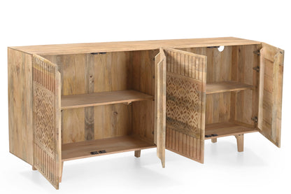 Hand-Carved Solid Mango Wood 4 Door Sideboard Cabinet FURNIZA