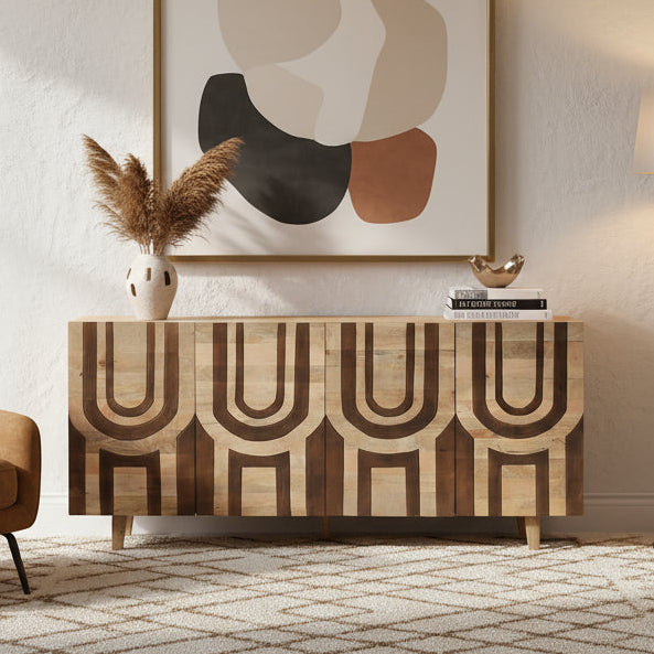 4-Door Solid Wood Sideboard with Hand-Carved Arch Pattern