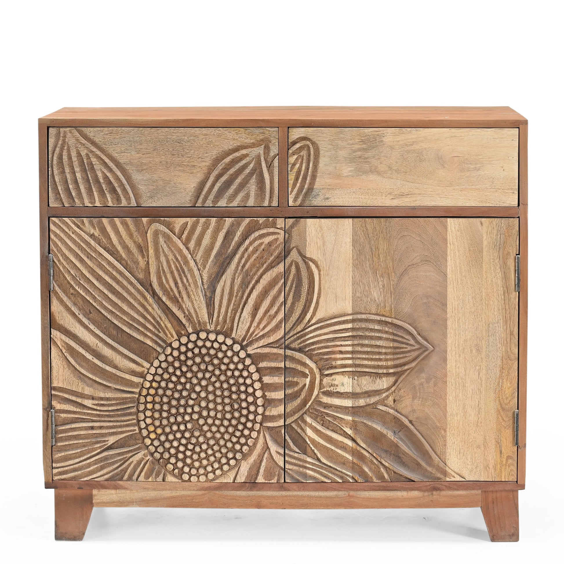 Hand-Carved Sunflower 2 Door 2 Drawer Solid Mango Wood Cabinet FURNIZA