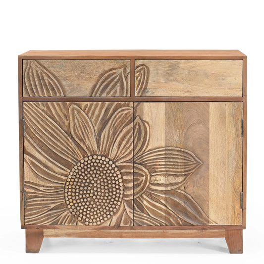 Hand-Carved Sunflower 2 Door 2 Drawer Solid Mango Wood Cabinet FURNIZA