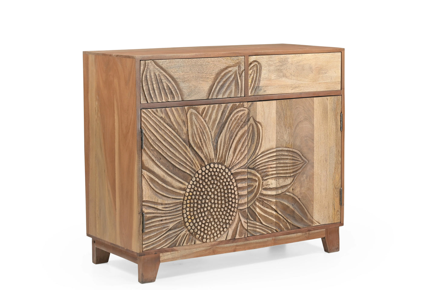 Hand-Carved Sunflower 2 Door 2 Drawer Solid Mango Wood Cabinet FURNIZA
