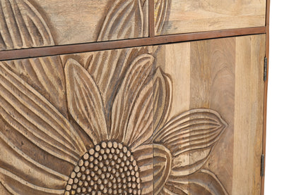 Hand-Carved Sunflower 2 Door 2 Drawer Solid Mango Wood Cabinet FURNIZA