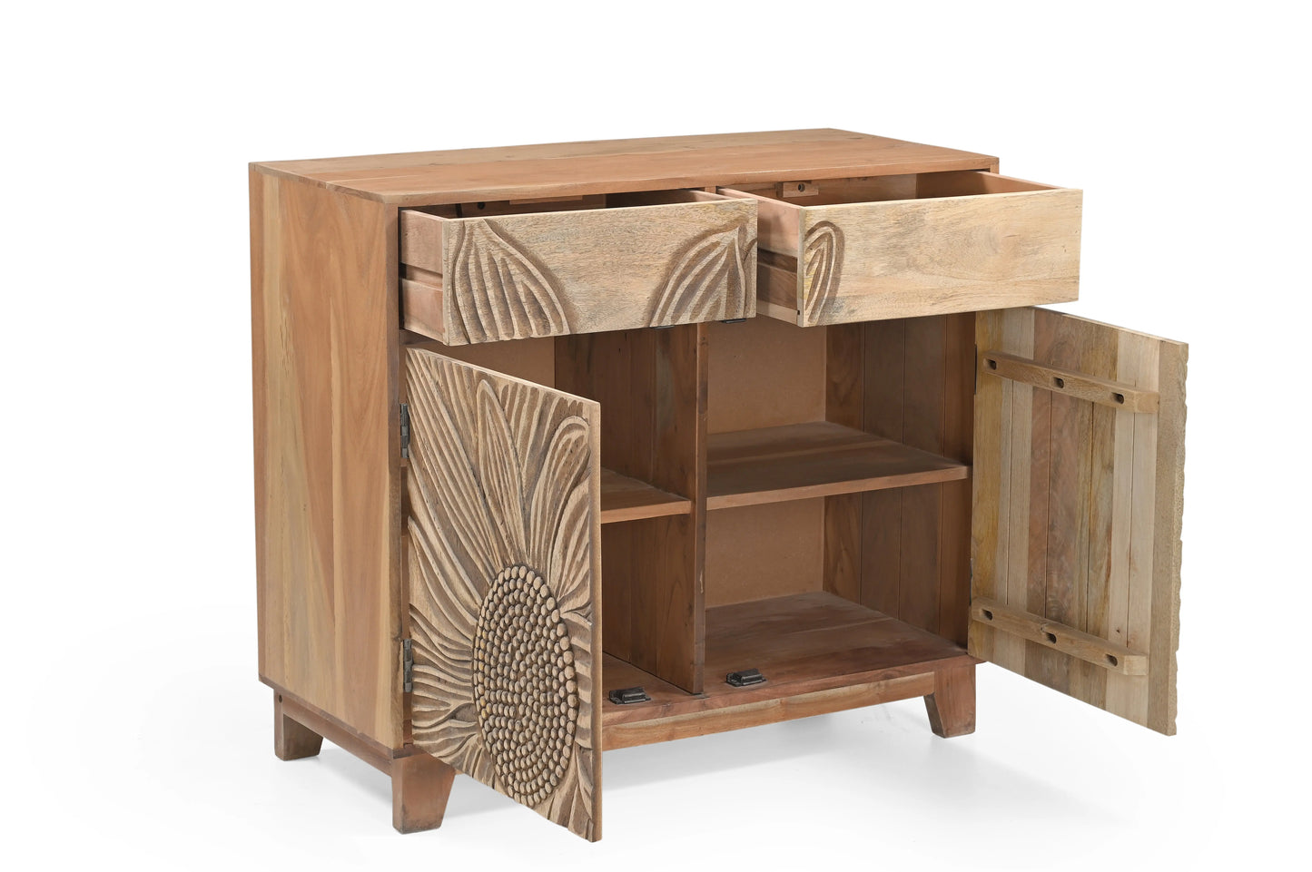 Hand-Carved Sunflower 2 Door 2 Drawer Solid Mango Wood Cabinet FURNIZA