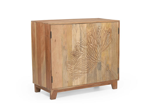 Hand-Carved Floral 2 Door Solid Mango Wood Storage Cabinet FURNIZA